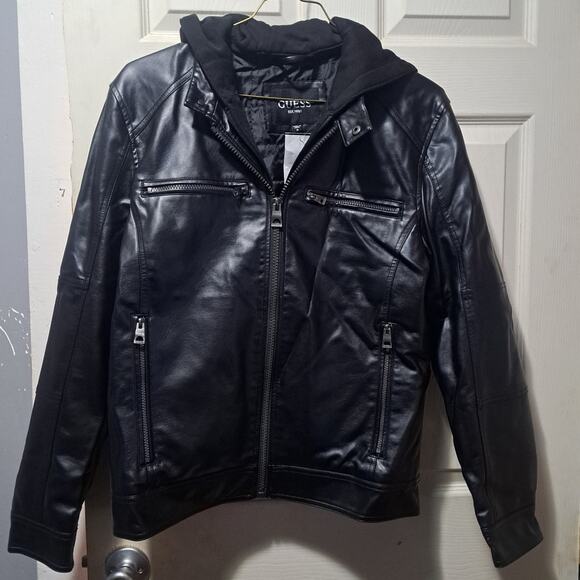 Men's Faux Leather Motorcycle Jacket With Detachable Hood Black Size Large - Picture 2 of 14
